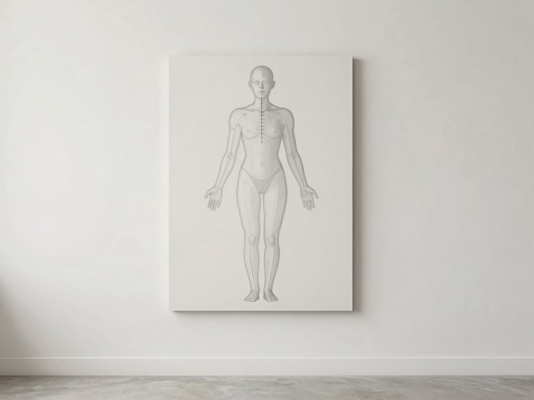 Anatomical alignment graphic on a minimalist studio wall, bright diffused daylight, neutral muted tones, sharp focus.