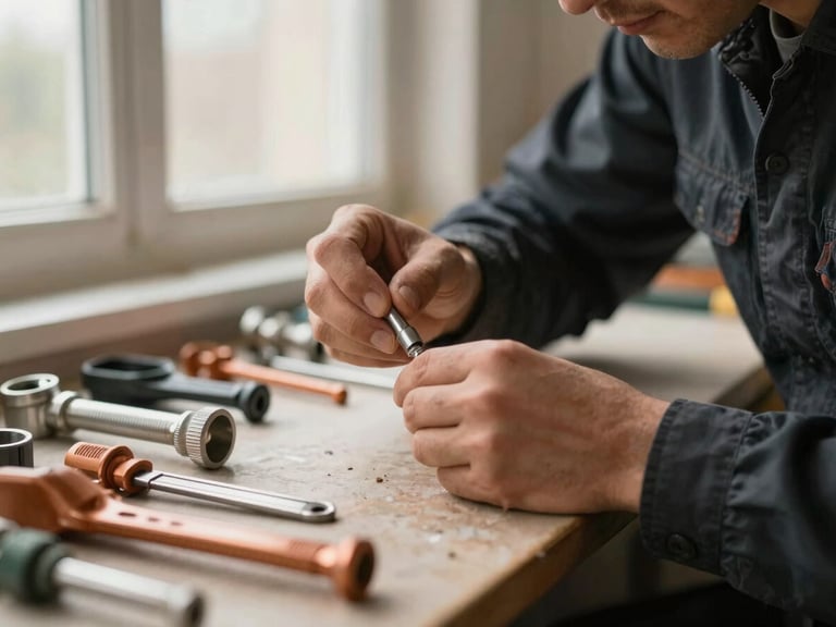 Close-up of a technician meticulously cleaning a work area after a plumbing installation, clean tools neatly organized, soft natural light.