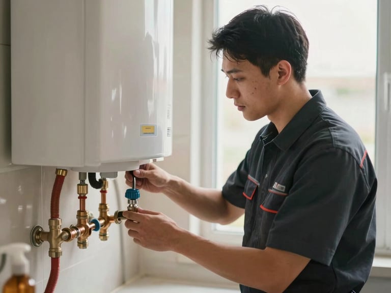 Medium shot of a professional plumber in a crisp, branded uniform, confidently inspecting a modern water heater installation, well-lit mechanical room.
