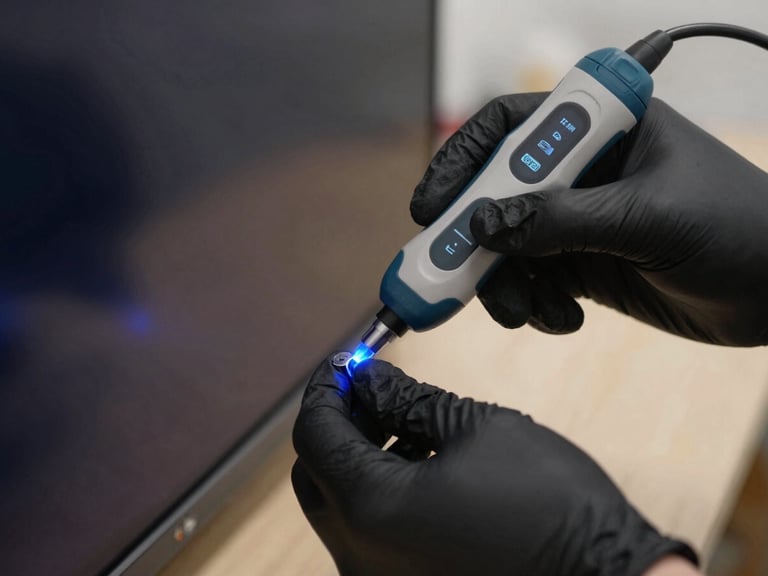 Close-up of a technician's hands in clean black gloves using a precise digital diagnostic tool on the edge of an ultra-thin smart TV panel, glowing blue light