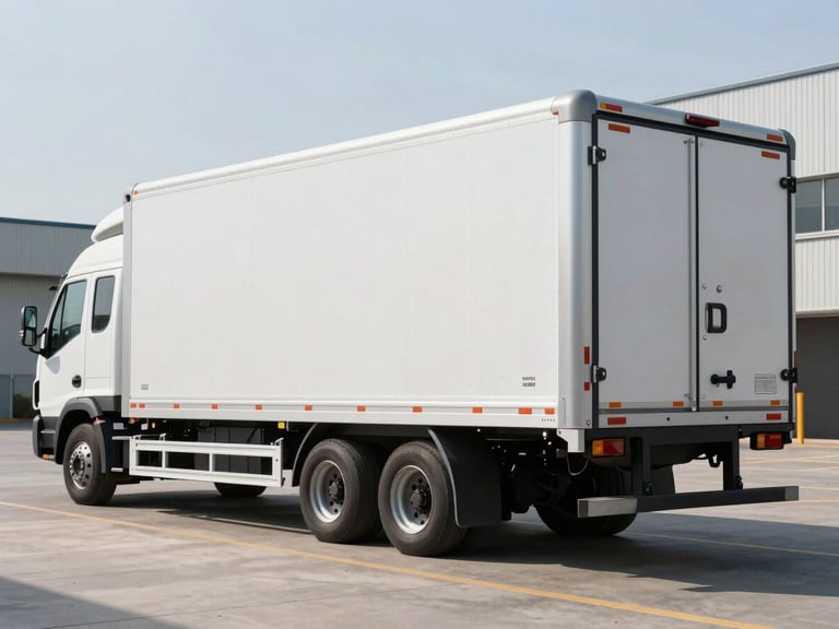 Wide shot of a clean, modern transport vehicle with secured cargo on a flatbed trailer, geometrically aligned, bright daylight, high contrast, industrial setting.