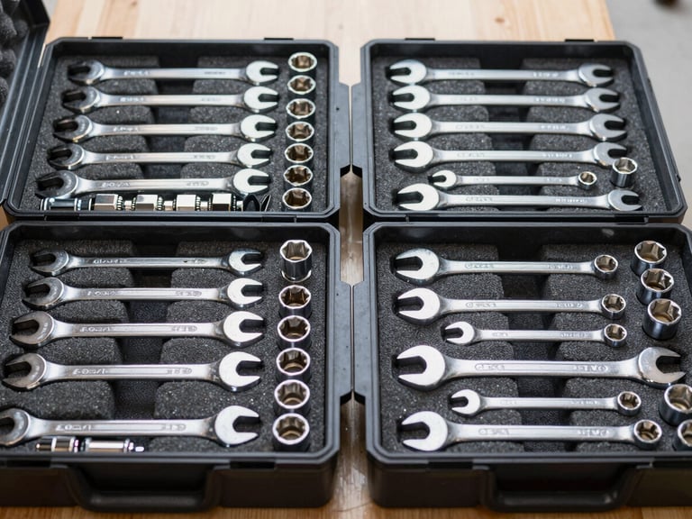 Symmetrically organized tool chest with black foam inserts, high-quality wrenches and sockets arranged perfectly, bright crisp daylight, industrial aesthetic