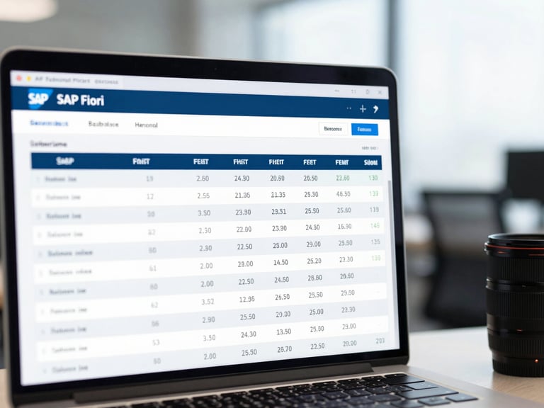 Clean screenshot of SAP Fiori financial dashboard showing balance sheets, sharp focus, professional corporate lighting, 35mm lens