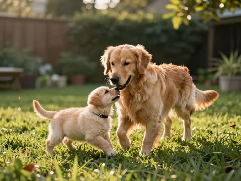 A beautiful Golden Retriever mother with her puppy playing gently on lush green grass in an open-air garden, soft golden hour sunlight, natural and candid framing.