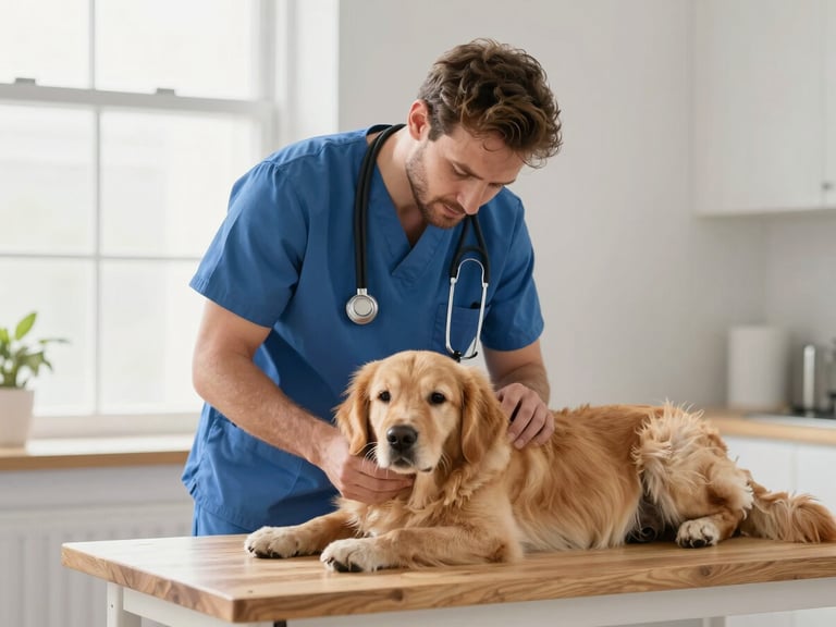 Un veterinario con uniforme azul examinando con delicadeza a un cachorro de Golden Retriever sobre una camilla de madera clara, iluminación natural de ventana.
