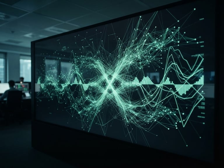Abstract data visualization showing algorithmic spread analysis on a trading terminal, cool low-key lighting, sharp mint green accents, high contrast, 35mm lens, wide panoramic 21:9 frame