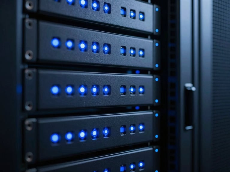 Abstract close-up of dark server racks with blinking electric blue status lights, clean technical architecture feel, cool low-key light