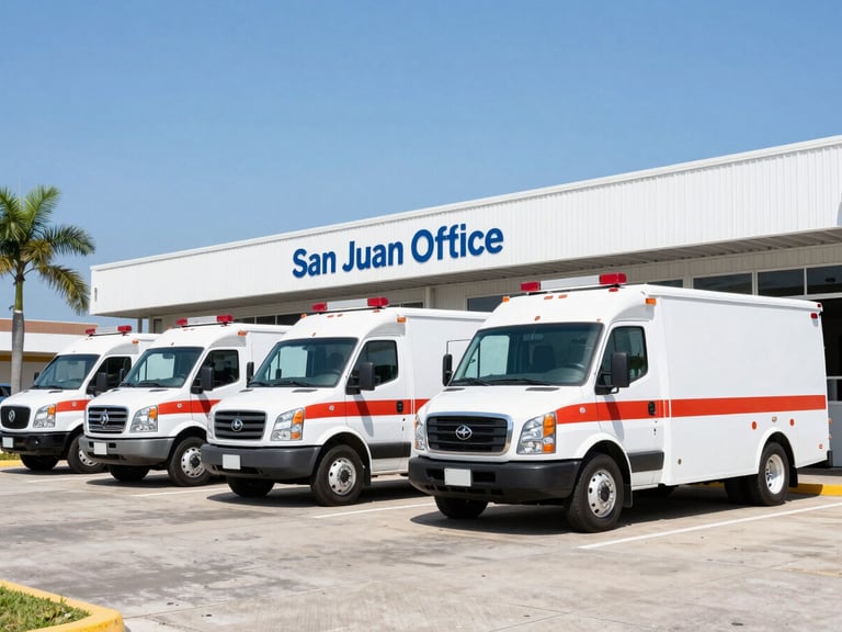 Wide-angle daytime photo of branded emergency response trucks lined up outside the San Juan dispatch office, bright tropical sun, sharp focus