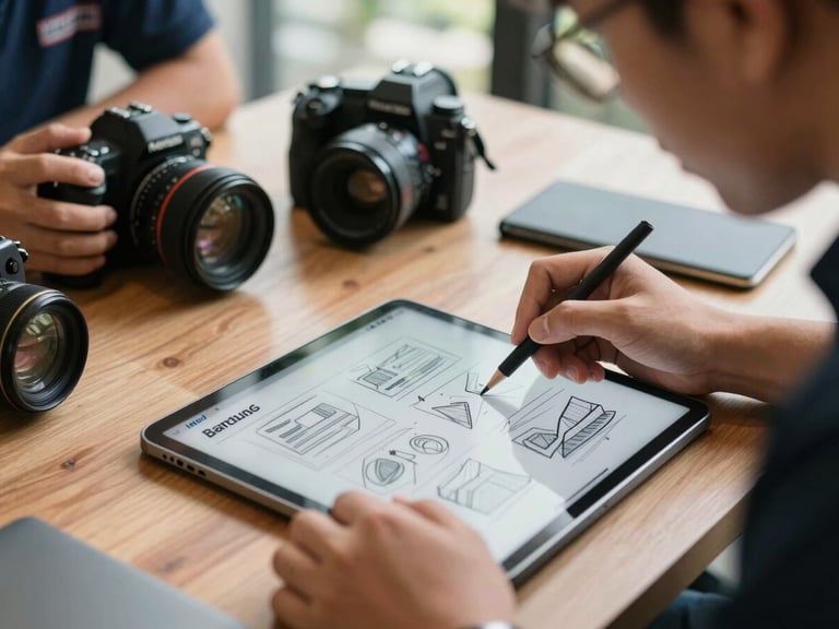 Tactile close-up of the IntelMakS agency team collaborating around a wooden table in Bandung, sketching content plans on a tablet, camera gear visible in the soft-focus background, natural morning light.