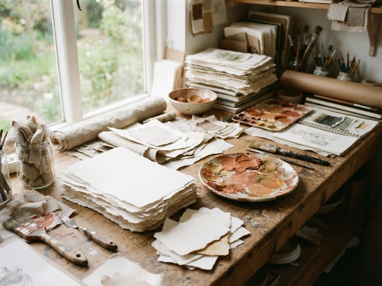 A wide angle shot of an artist's workspace with natural daylight, featuring stacks of hand-torn paper, natural linen scraps, and dried terracotta paint on ceramic mixing plates.