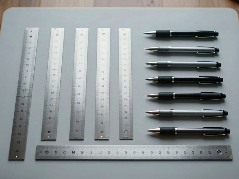 Flat-lay of minimalist studio tools, aluminum rulers and drafting pens in strict alignment on a light gray cutting mat, cool diffused daylight.