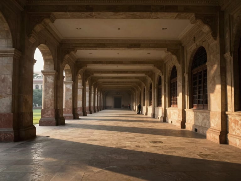 Wide cinematic shot of the grand stone corridors of a New Delhi ministry building at golden hour, long dramatic shadows, empty of people, conveying absolute institutional authority and quiet discretion.