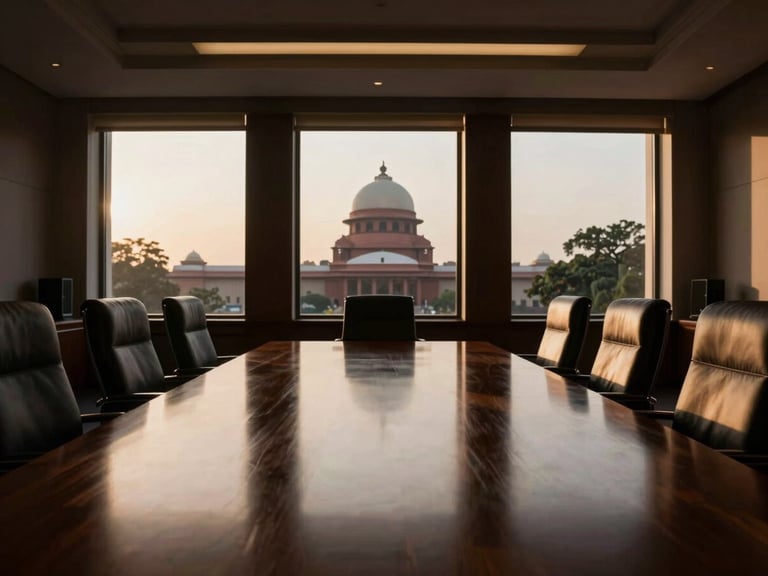 Wide cinematic shot of an empty executive boardroom in New Delhi at golden hour. Low-key, dramatic side-lighting casts long shadows across a polished dark wood table. Tall windows reveal soft architectural details of government buildings in the background. Highly professional, quiet luxury atmosphere.