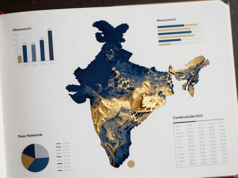 Abstract high-end data visualization showing clean demographic charts and geographic heatmaps of India, rendered in deep navy and champagne gold, crisp editorial typography.