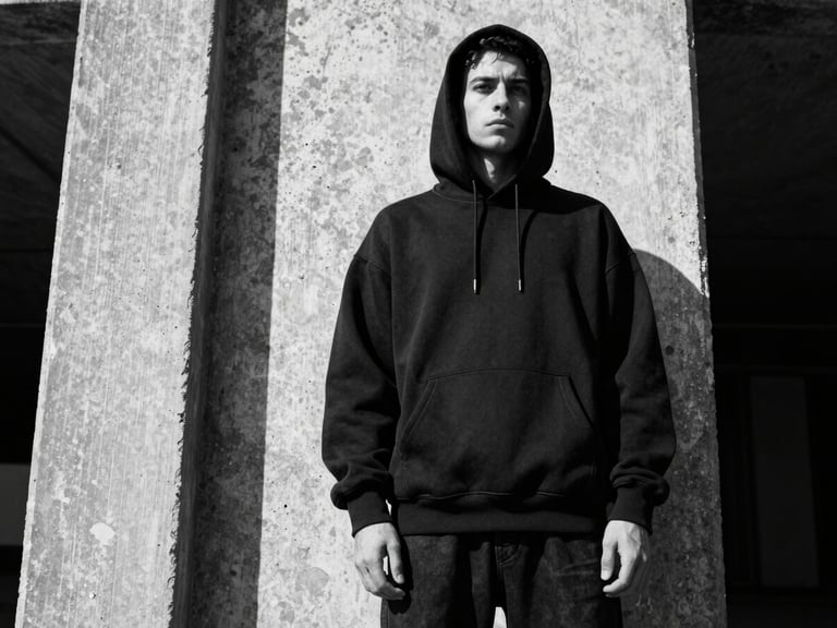 Low-angle heroic shot of a man in an oversized black hoodie standing against a raw concrete pillar, high-contrast monochrome lighting, sharp shadows, gritty editorial fashion photography.