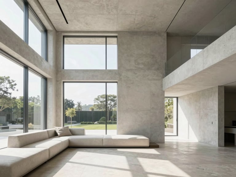 Interior architectural photography of a minimalist concrete and travertine duplex living room, bright natural daylight streaming through floor-to-ceiling windows, sharp focus, 35mm