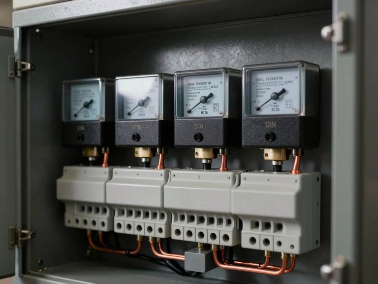 Close-up of industrial electrical metering panel interior under studio strobes — DIN-rail mounted meters, terminal blocks, and copper bus bars in sharp detail, finish quality and labeling clearly visible, black cabinet background