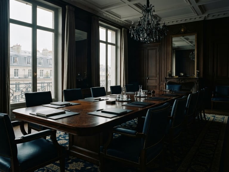 Sober editorial photography, low-key dramatic lighting. An empty high-end Parisian boardroom with tall windows, soft overcast daylight casting long shadows on a dark mahogany table, deep navy and muted gold tones, 35mm film.