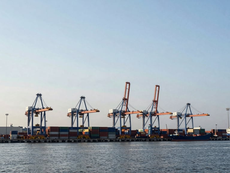 Wide environmental shot of Makassar port cargo activity from a distance, multiple cranes and containers visible across the frame, natural midday light, low horizon with open sky