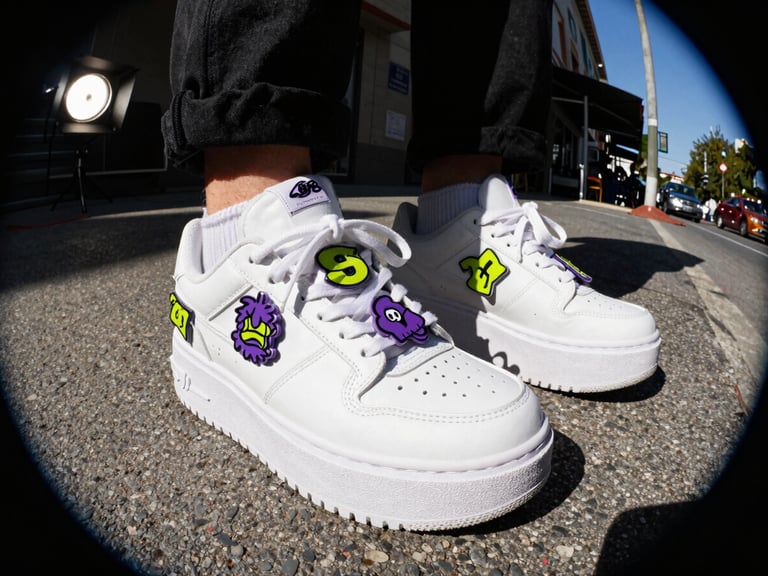 Fisheye street shot looking down at chunky white platform sneakers covered in custom plastic street-art charms, intense studio strobes with sharp shadows.