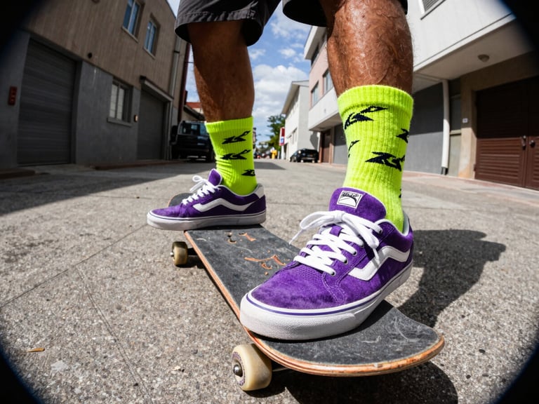 Raw urban alleyway background with extreme close-up of feet on a skateboard wearing custom painted sneakers and bright patterned socks, harsh sunlight.