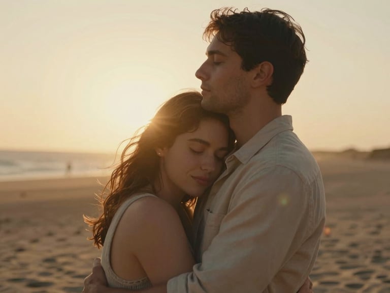 Cinematic medium shot of a couple embracing with closed eyes during golden hour, sun flare, warm sand tones