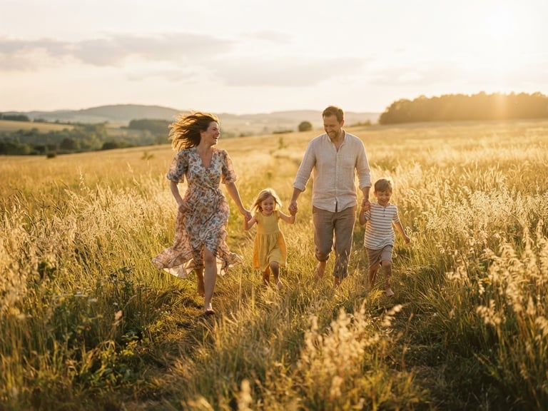 Cinematic wide shot of a young family running through a sun-drenched golden field, warm backlighting, 35mm film aesthetic