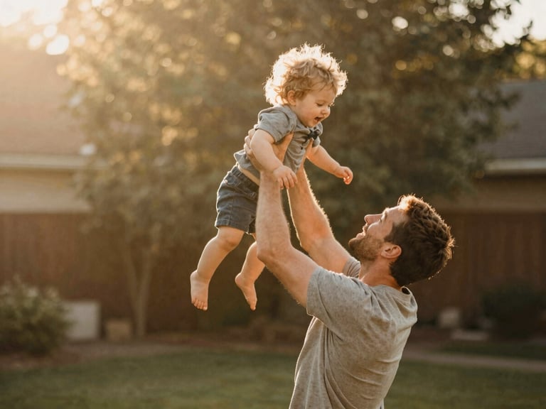 Candid shot of a father lifting his toddler in the air in a sun-drenched backyard, warm golden light, shallow depth of field