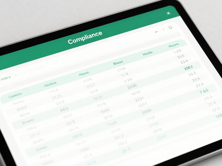 Close-up of a modern tablet displaying a clean compliance dashboard with audited balance sheets, soft natural shadows, minimalist white and deep green tones
