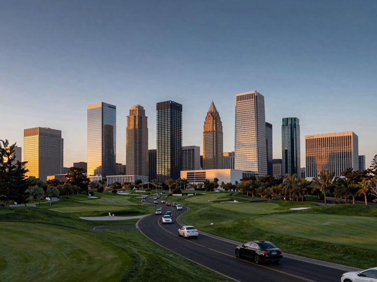 Wide-angle view of Golf Course Road skyline at twilight, modern skyscrapers, smooth flowing traffic, premium urban environment