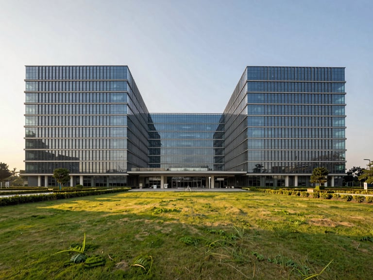 Symmetrical architectural shot of a newly constructed IT park in Sector 71 Gurgaon, clean glass facade, bright daylight, manicured corporate lawns
