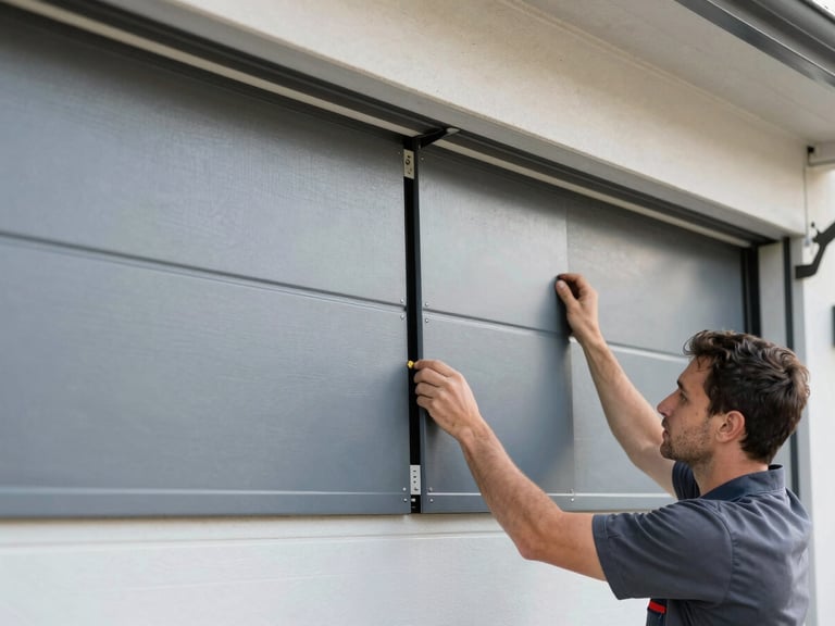 Technician installing a new garage door panel, showing clean lines and precise fit, bright garage interior.