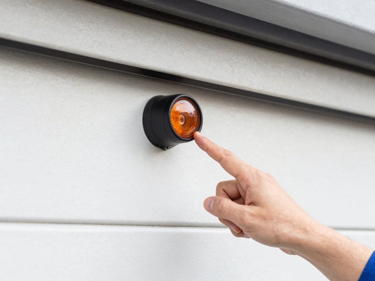 Close-up of a garage door safety sensor, with a technician's hand pointing to it, bright natural light.