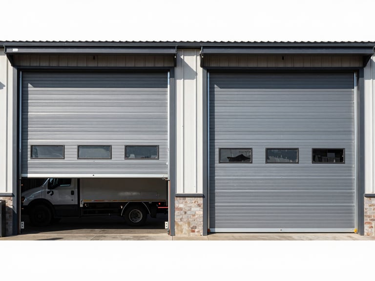Wide shot of a commercial garage door, partially open, with a service truck parked nearby, clear daylight.