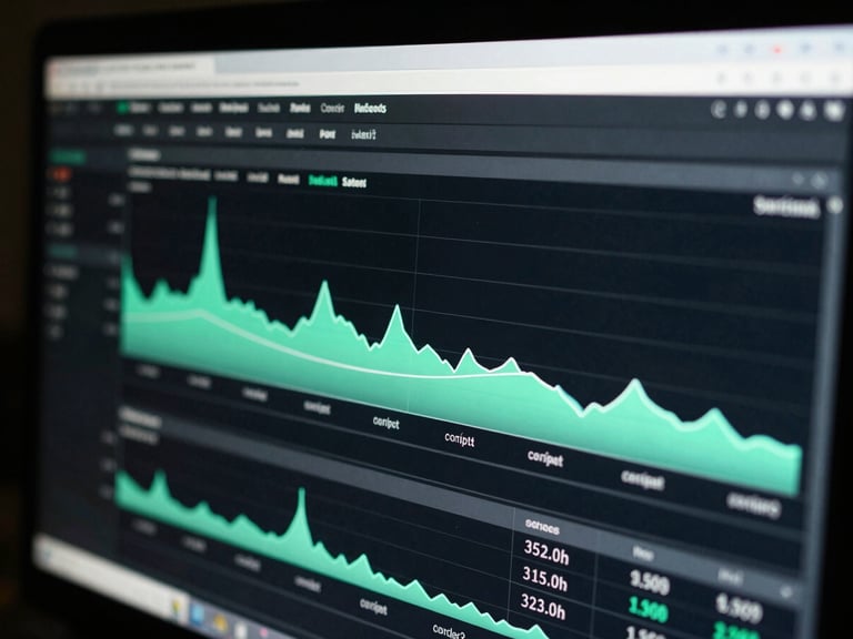 Close-up of a Tableau dashboard showing retail sales trends with neon-mint highlights, moody tech photography, 35mm lens.