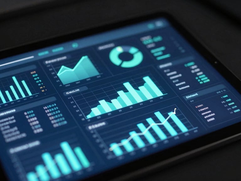 Close-up of an interactive business intelligence dashboard on a tablet in a dark room, glowing neon mint charts and graphs, cool blue ambient light, professional depth of field