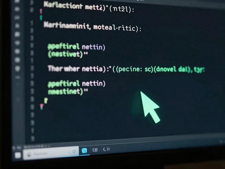 Screen showing Python code for a machine learning model, with a neon-mint cursor, low-key monitor glow, moody tech photography, 35mm lens.