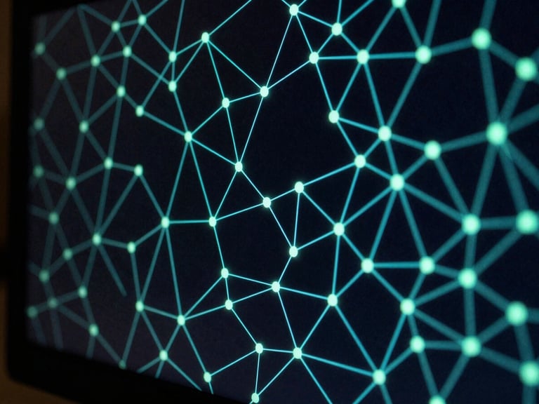 Abstract geometric data visualization on a screen, glowing cyan and mint green nodes and connections, dark background, technical minimalist aesthetic, macro lens