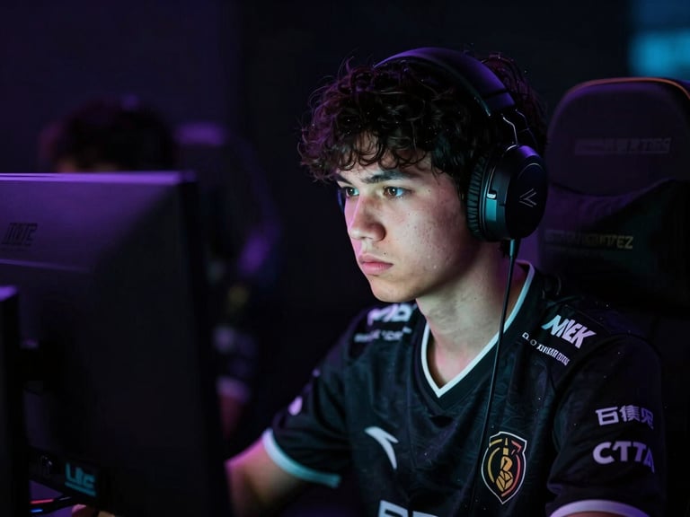 Dramatic low-key esports photography, sharp neon cyan rim lighting, close-up of a player in a premium black jersey looking intensely at a glowing monitor, deep obsidian shadows.