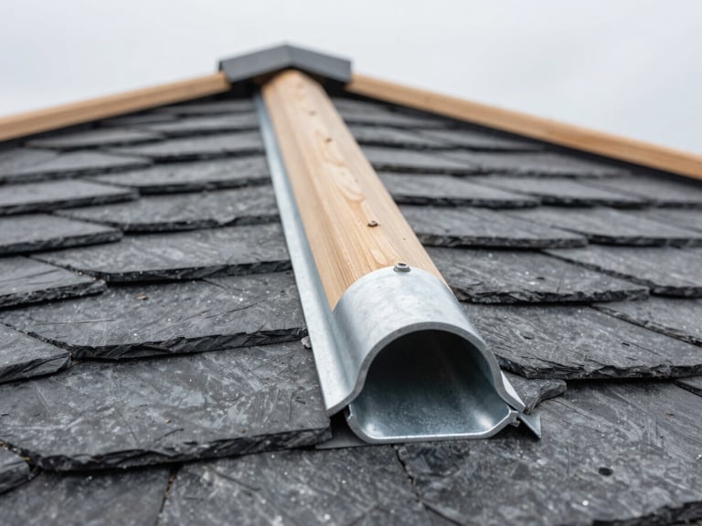 Detailed macro shot of a hand-shaped zinc standing seam joint on a slate roof, architectural precision, overcast light