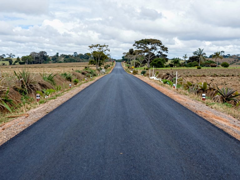 Wide environmental shot of a newly paved rural road connecting agricultural fields in Colombia, institutional documentary style, natural daylight.