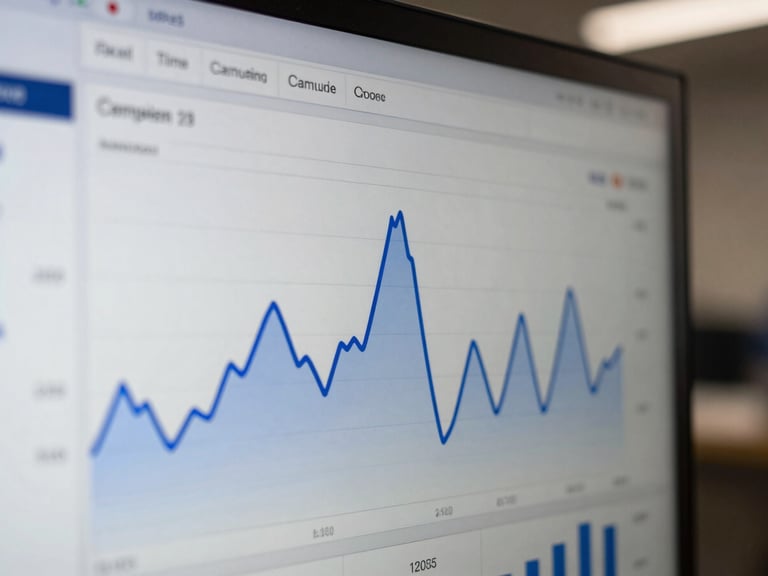 Macro crop of an analytical dashboard displaying real-time campaign metrics, cool overcast London daylight reflecting on the glass screen, sharp cobalt blue trendlines, high contrast, 35mm lens.