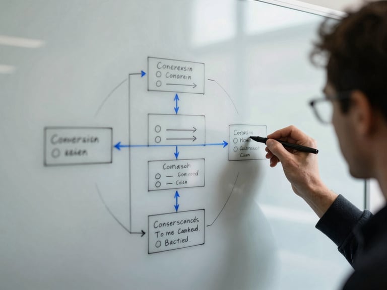 Focused hands sketching complex conversion campaign architecture on a glass whiteboard, cool overcast daylight, sharp shadows, high contrast desaturated tones.