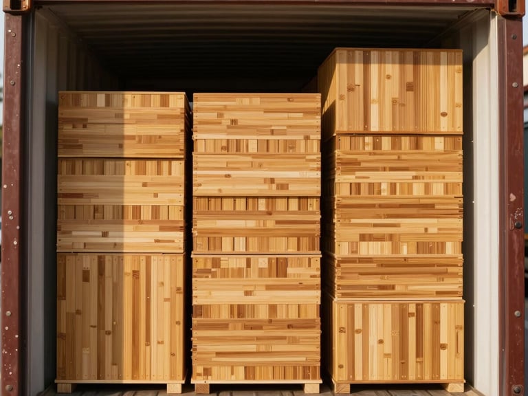 Clean, organized cargo container interior with neatly stacked, robust export-quality boxes of bamboo products, warm natural light, professional logistics setting