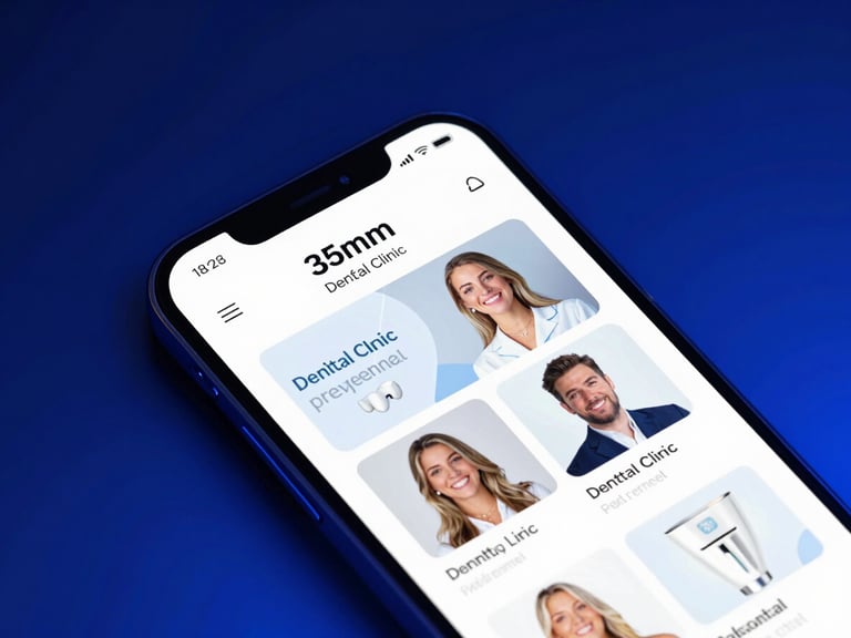 Macro shot of a sleek smartphone displaying a modern dental clinic website, cool studio lighting, deep royal blue ambient glow, sharp focus, 35mm