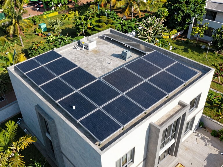 Wide aerial drone shot of a modern Hyderabad villa rooftop with neatly aligned tier-1 solar panels gleaming in bright direct Indian sunlight, sharp focus, architectural perspective