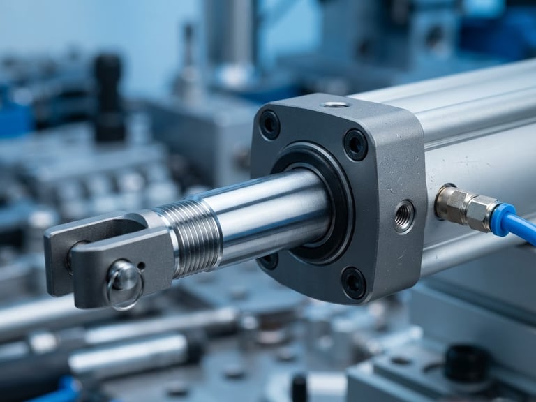 Macro photography of a high-precision pneumatic cylinder, clean metallic steel shaft, cool industrial blue and gray studio lighting, sharp technical focus, 35mm