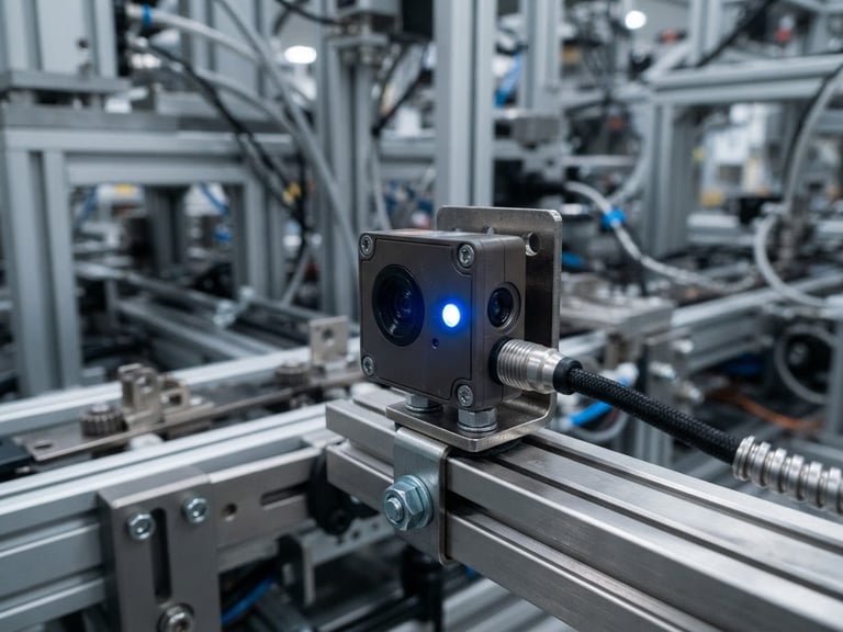 Macro detail shot of an industrial photoelectric sensor blinking with a crisp blue light, clean automated assembly line background, cool steel tones, sharp focus, technical detail, 35mm