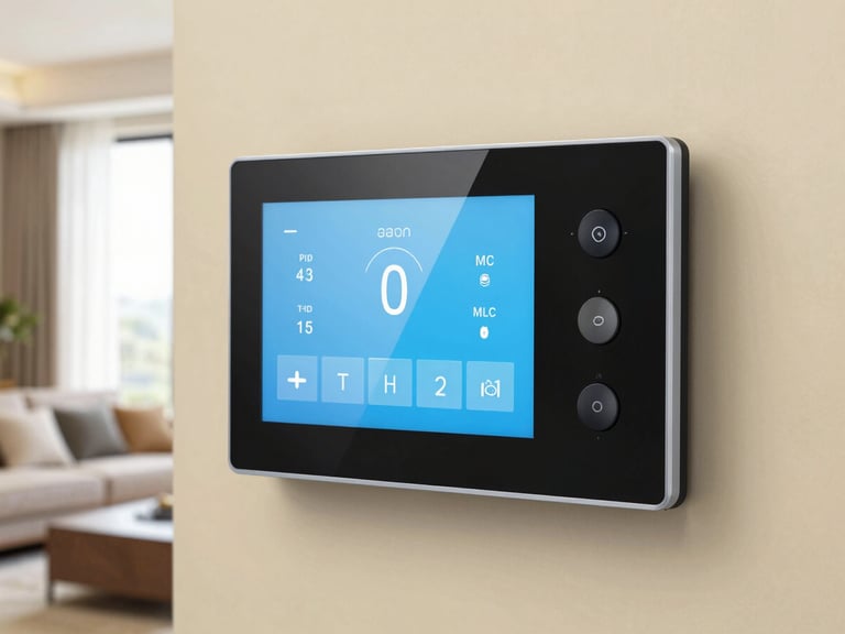 Sleek wall-mounted smart home touchscreen interface displaying lighting controls in a modern living room