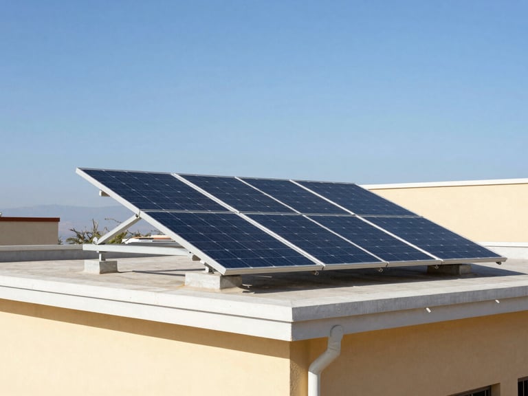 Modern solar panels installed on a clean architectural rooftop in Cali, bright daylight, blue sky